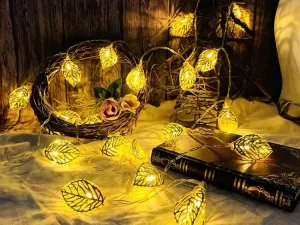 Metallic Fairy Light – 3D Leaf Shape (Gold Color, Current Powered Set)