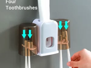 2 Mouthwash Cup Set with Toothbrush Holder & Automatic Toothpaste Dispenser (Wall Mounted)