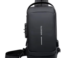 USB Charging Men’s Multifunction PU Chest Bag – Anti-Theft Sling Bag with Password Lock