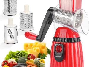 Rotary Cheese Grater – 3 in 1 Multi-Functional Mandoline Vegetable Shredder & Slicer (3 Drum Blades Set)