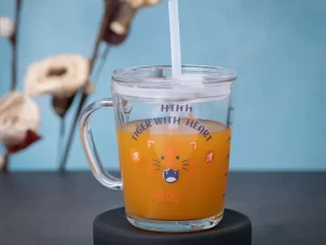 1 Pc Cartoon Printed Glass Tumbler with Straw – 300ml Kids Cup