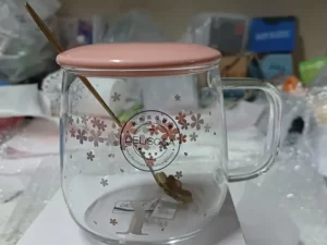 Cute Fruity Unicorn Print Glass Mug with Spoon & ABS Lid