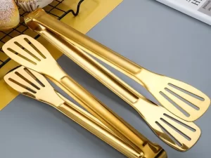 Stainless Steel Shell Hollow Food Tongs – Golden Color