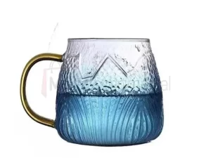 Premium Golden Handle Borosilicate Glass Coffee Mug – Blue (410ml)