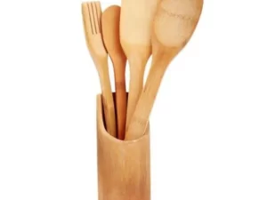5 Pcs Wooden Spoon Set with Holder – Kitchen Utensils & Chopsticks