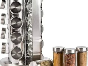 16 Jars Spice Rack Revolving Stainless Steel Seasoning Organizer – Elegant Carousel Tower for Modern Kitchens