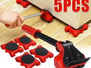 5PCS Furniture Mover Tool Set – Heavy-Duty Transport Lifter with 4 Wheeled Rollers & 1 Lever Bar