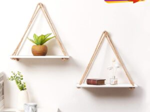2 Pcs Wall Hanging Shelf – Floating Shelves for Wall | Jute Rope Wall Mounted Swing Shelf with Hooks | Rustic Storage Rack for Home and Office Décor