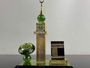 Islamic Crystal Kaaba with Clock Tower Miniature Model Showpiece