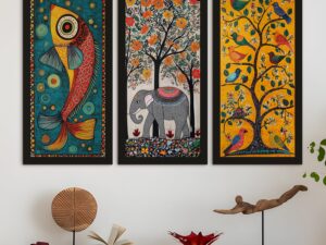 Madhubani Paintings for Living Room – Set of 3 Canvas Madhubani Art for Wall Décor