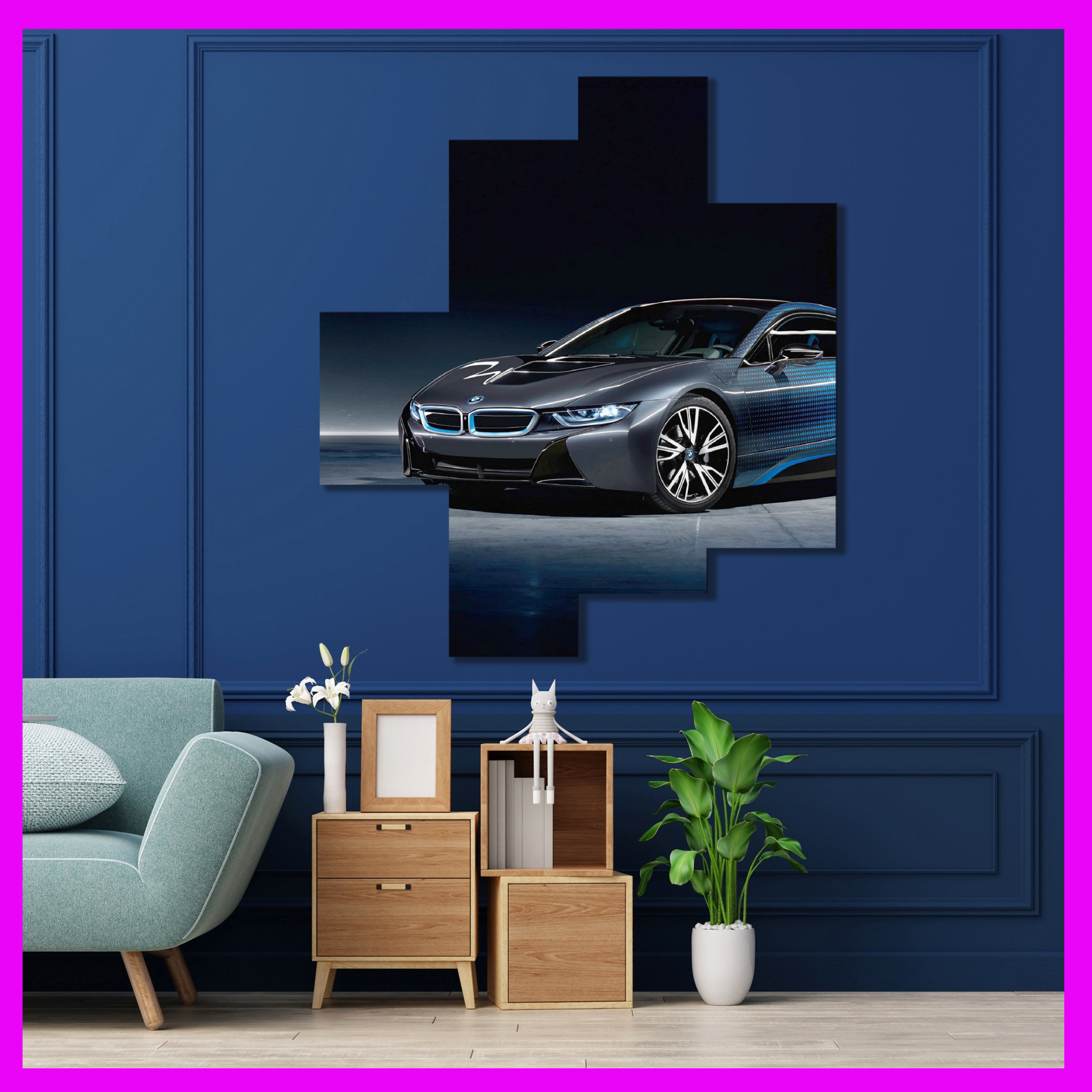 Three empty photo frame for mockup in living room, 3D render, 3D