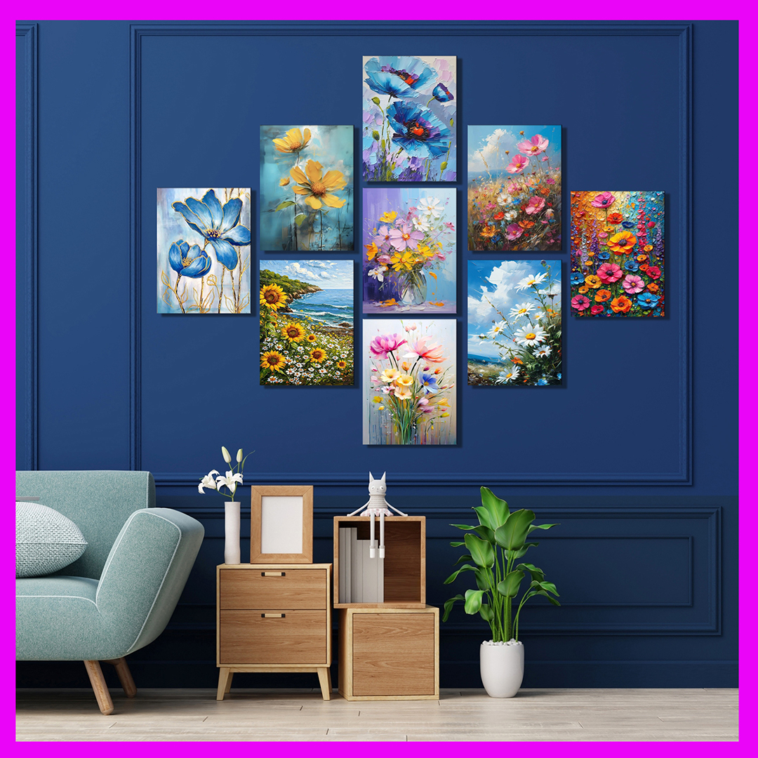 Three empty photo frame for mockup in living room, 3D render, 3D