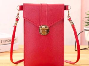 Women’s PU Leather Phone Holder with Neck Strap Wallets Touch Screen Bags (Red)