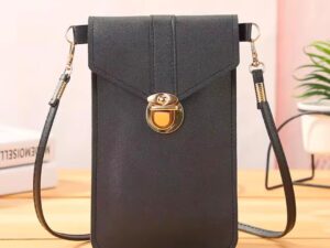 Women’s PU Leather Phone Holder With Neck Strap Wallets Touch Screen Bags(black)