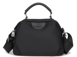 New Portable Nylon Cloth with Cowhide Shoulder Bag (Black)