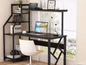 Desk with Reversible Corner Rack – Gaming Desk with Display & Printer Storage Shelves – Office Desk with Corner Bookshelf