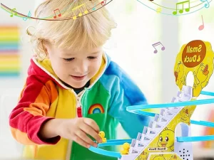 Multicolor Baby Duck Track Toy – Yellow Duck Racing Climbing Stairs Toy with Flashing Light & Music