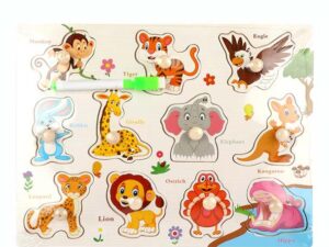 Baby Early Learning Wooden English Animal Namer Puzzle with Board – Multicolor