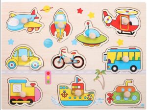 Children Montessori Educational Wooden Jigsaw Puzzle Toy – Hand Grab Board Set (Transport Theme)