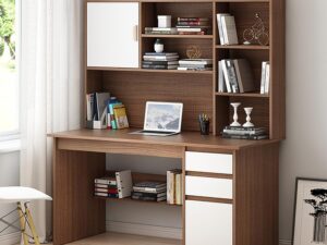 Modern Home Office Desk with Storage Shelf | Writing Desk | Study Table with Hutch and Bookshelf | Wood Computer Desk with Drawers and Shelves