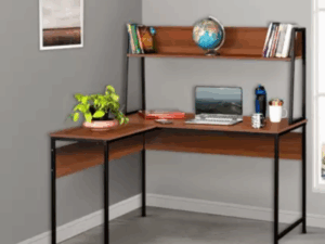 Perfect Homes Studio Falcon L-Shaped Engineered Wood Computer Desk Corner Reading Table – Acacia Dark & Black Finish, Knock Down