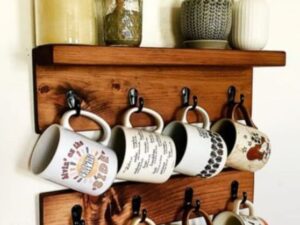 Wooden Wall Mount Cup Rack – 8 Mug Hooks for Kitchen, Bar, or Coffee Station