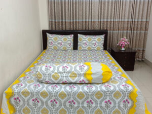 4 Piece Set Cotton Fabric Printed 7 by 8 Feet Double King Size Bedsheet Set With Two Pillow Covers and One Side Pillow Cover