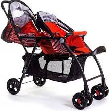 BBH Twin Baby Stroller – Premium Double Pram | Comfortable, Folding & Stylish Twin Stroller (Red)