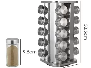 Set of 20 Spice Jars – Round Spice Rack | Seasoning & Dried Herbs Storage | Stainless Steel Rotating Countertop Spice Holder Shelf for Kitchen Cabinet Organizer