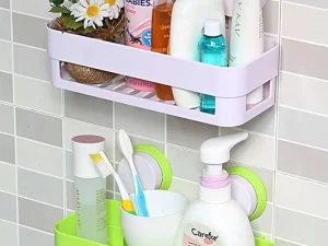 Plastic Vacuum Suction Shelf – Wall Mounted Storage Rack | Bathroom, Washroom & Kitchen Organizer | Shower & Shampoo Holder